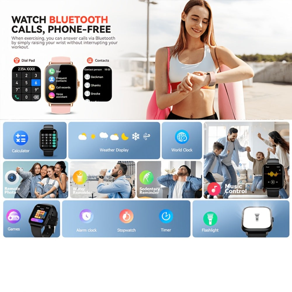 Smartwatch with Remote Photo Control & Bluetooth Calling, Large Screen Unisex, Message Notifications, Multiple Sport Modes, Heart Rate