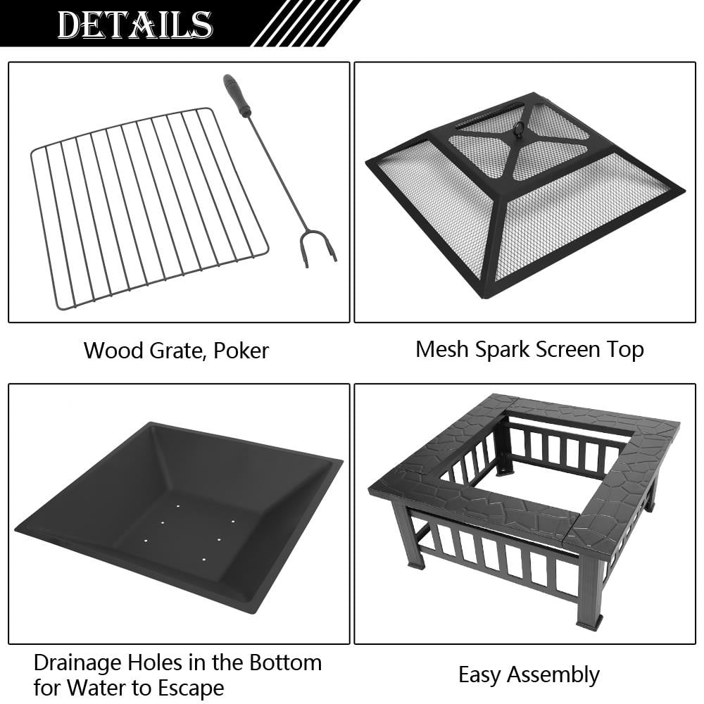 Fire Pit, Square Outdoor Metal BBQ Patio Backyard Camping Fireplace for Grilling, Camping and Outdoor Meals