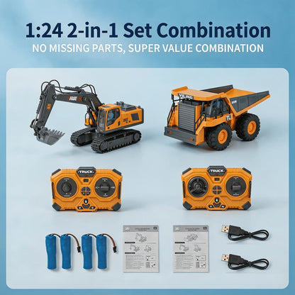 RC Construction Vehicle Set 2.4G 11-Channel Remote Control Excavator Dump Truck Bulldozer, 1:24 & 1:64 Alloy Engineering Toy