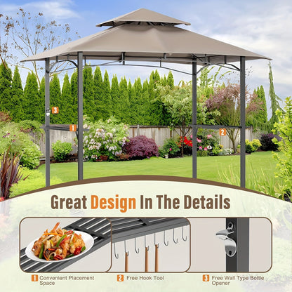 Grill Gazebo 8x5ft Double Tiered BBQ Canopy 8 Hooks Backyard Poolside for Grilling, Camping and Outdoor Meals