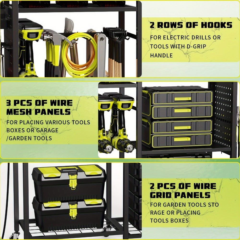 Mobile Tool Cart with Charging Station, 12 Drill Holders & 5 Storage Shelves Power Tool Organizer