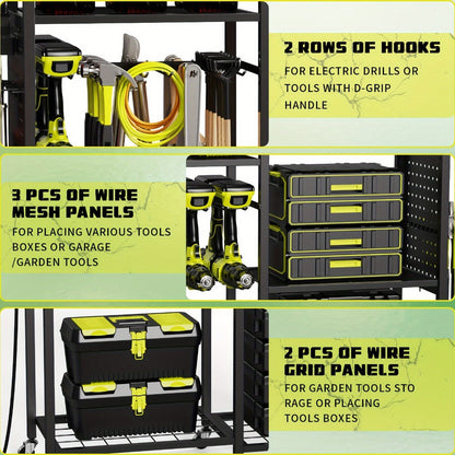 Mobile Tool Cart with Charging Station, 12 Drill Holders & 5 Storage Shelves Power Tool Organizer