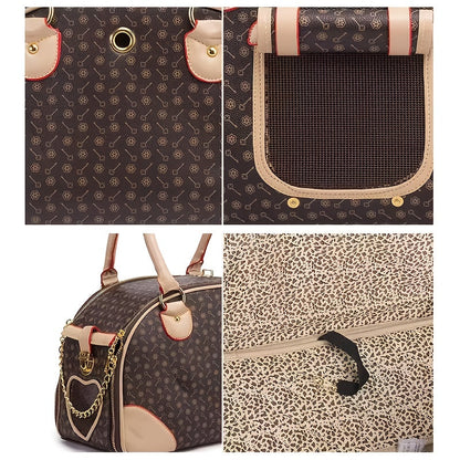 Patterned Pet Carrier Handbag with Mesh Side Panel, Top Handles and 17 x 12 x 8-Inch Pictured Size