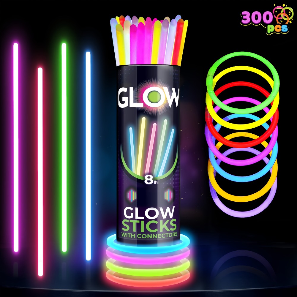 Glow Sticks Bulk 300 Pack 8 Inch Glow in the Dark Party Favors with Bracelet Connectors for Parties, Celebrations and Guest Favors