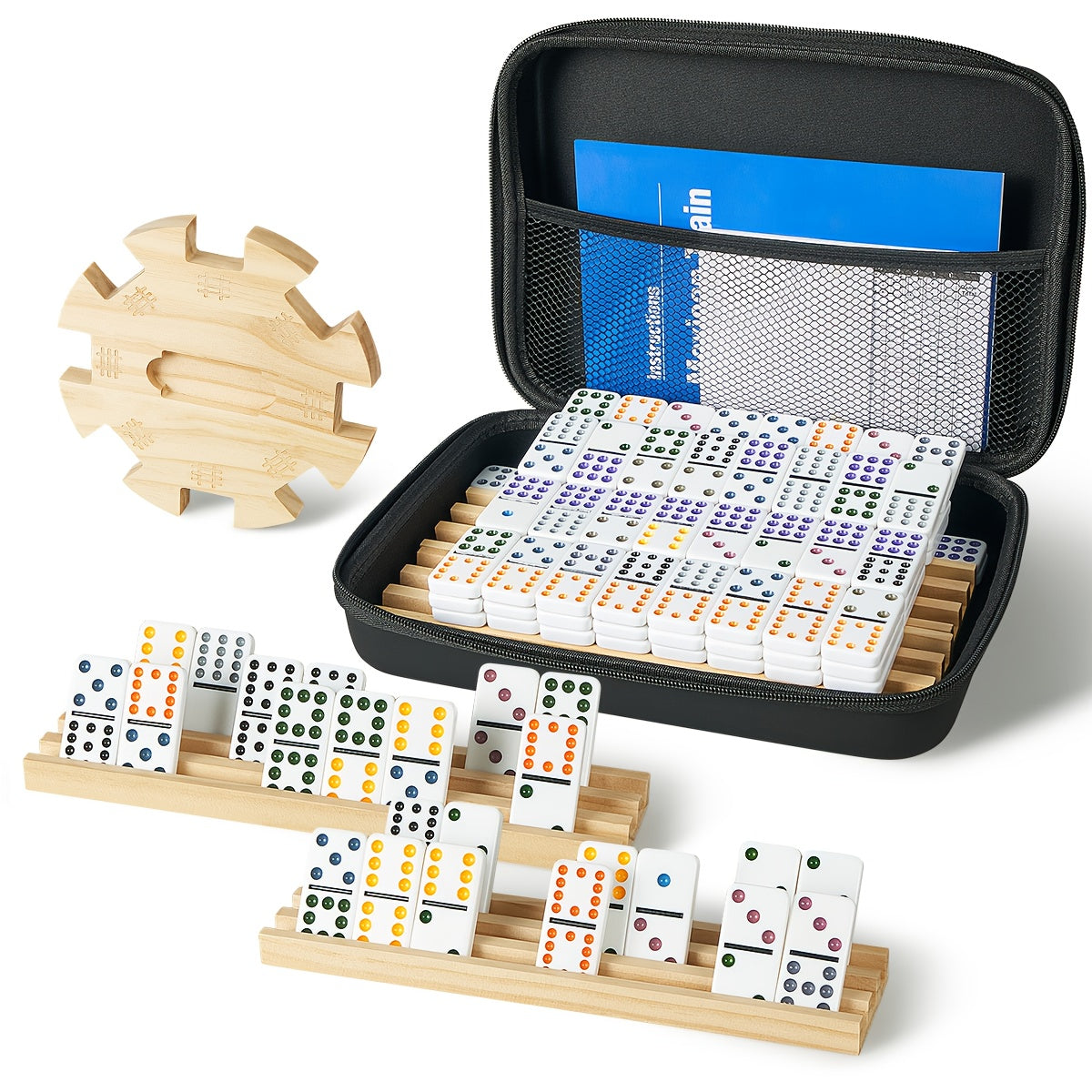 Mexican Train Dominoes Double 12 Set – 91 Colorful Tiles, 9 Metal Trains & 4 Wooden Racks, Complete Strategy Board Game with EVA Travel Case