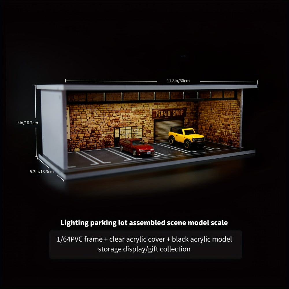 1:64 Diecast Car Display Case with LED Lighted Garage Diorama, Expandable Showcase for 6 Model Cars