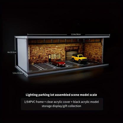1:64 Diecast Car Display Case with LED Lighted Garage Diorama, Expandable Showcase for 6 Model Cars