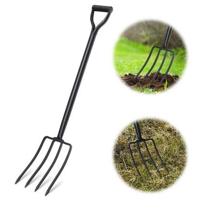 Four-Tine Garden Spading Fork with 42-Inch Shaft, D-Shaped Grip and Black Metal Construction