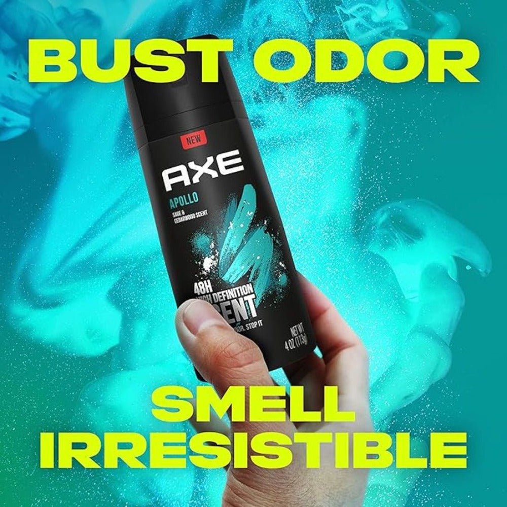 AXE Apollo Body Spray Deodorant Men Aluminum Free Long-Lasting Odor Protection Sage Cedarwood Scent 4oz 3 Count Pack Fresh Masculine