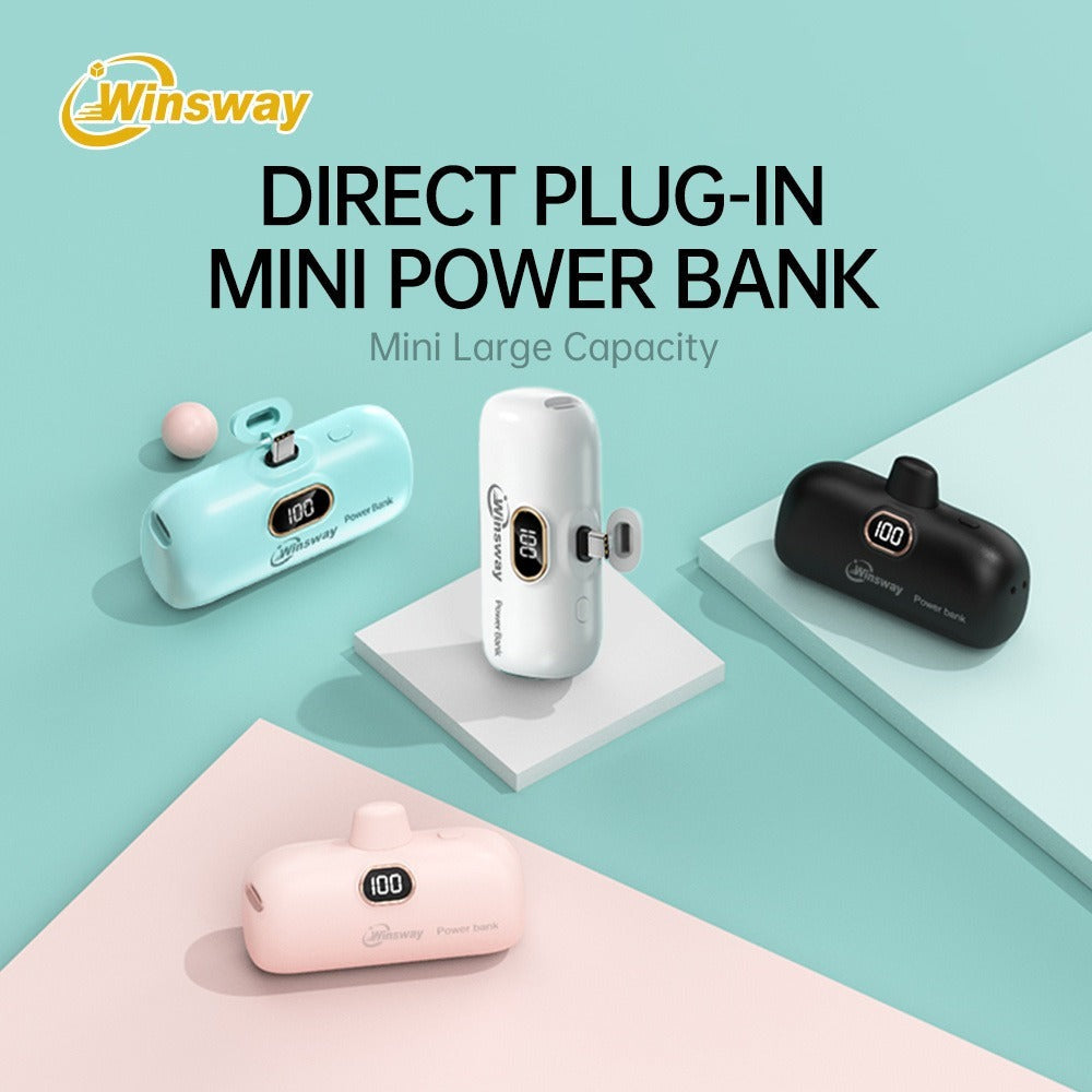Power Bank 5000mAh Mini USB-C Plug-In Style with Digital Display in Pink or White for Travel