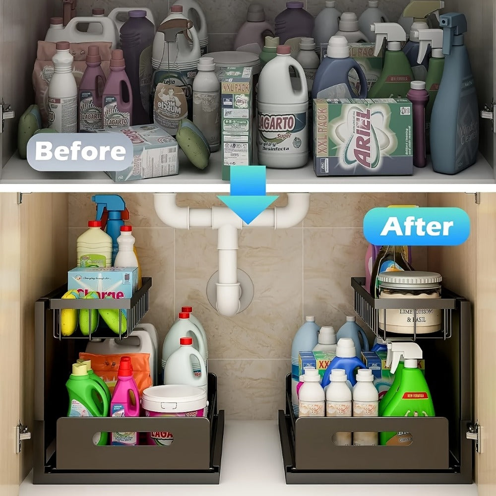 L-Shaped Pull-Out Cabinet Organizer with 14.4 x 10.6 x 11 Inch Frame, 7 Inch Pipe Clearance and 1- or 2-Piece Options