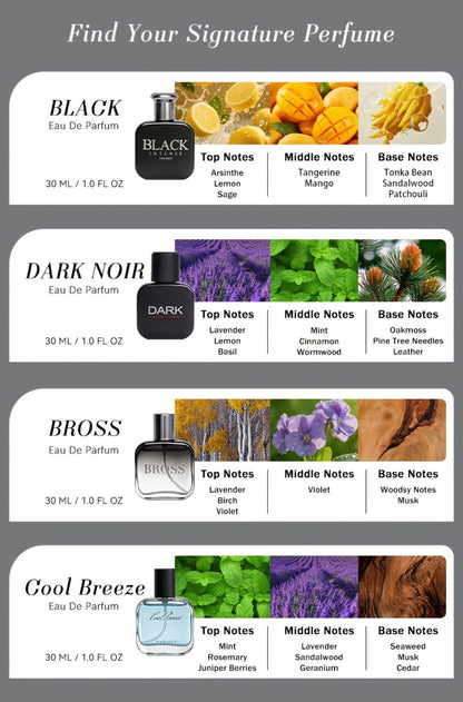 Perfume Gift Set for Men with Four 30ml Eau de Parfum Sprays in Black Box and Separate 1.5oz Body Mist