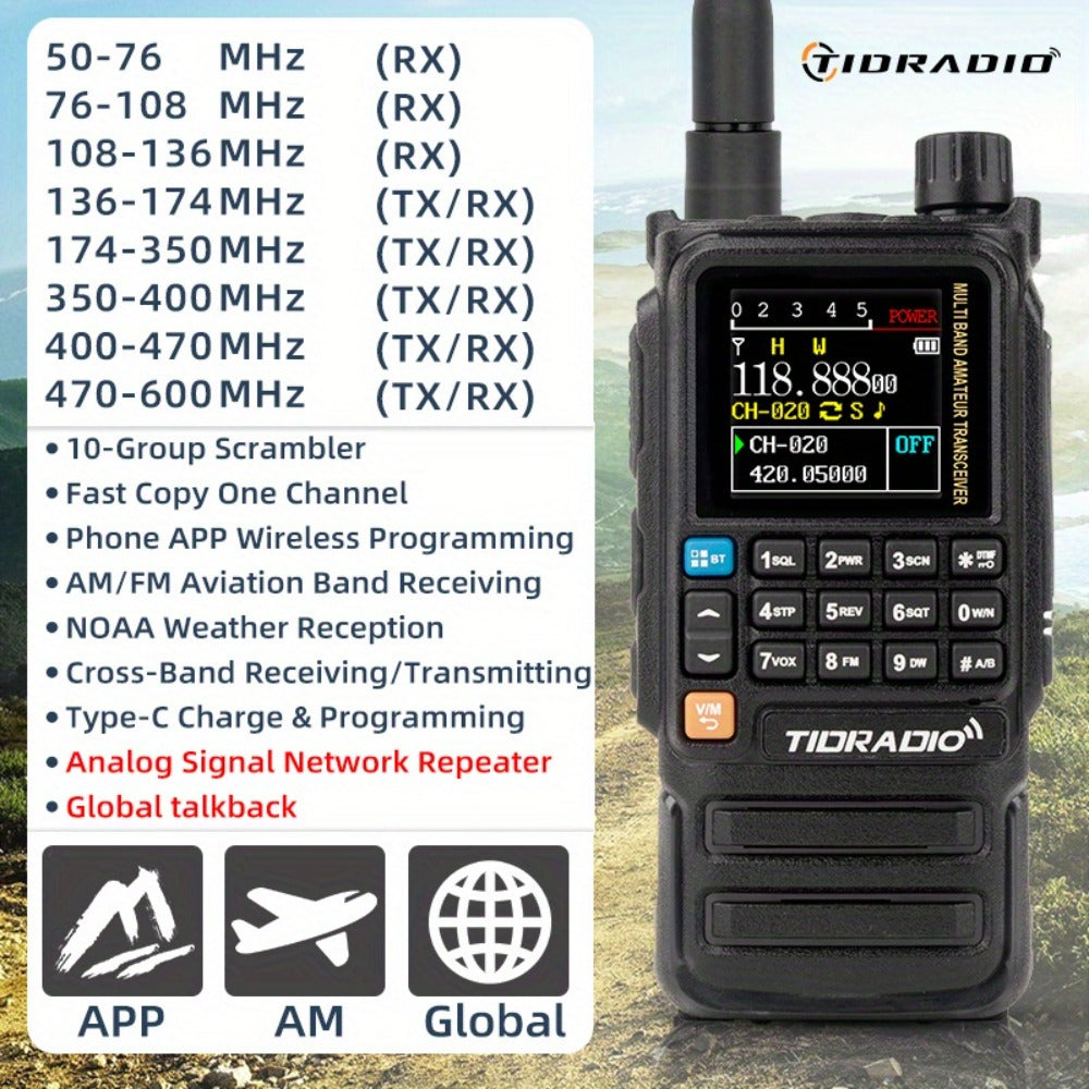 Tidradio H3 Plus Ham Radio Multi-Band Two-Way Radio, AM/FM Reception, Wireless Headset Compatible