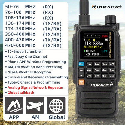 Tidradio H3 Plus Ham Radio Multi-Band Two-Way Radio, AM/FM Reception, Wireless Headset Compatible