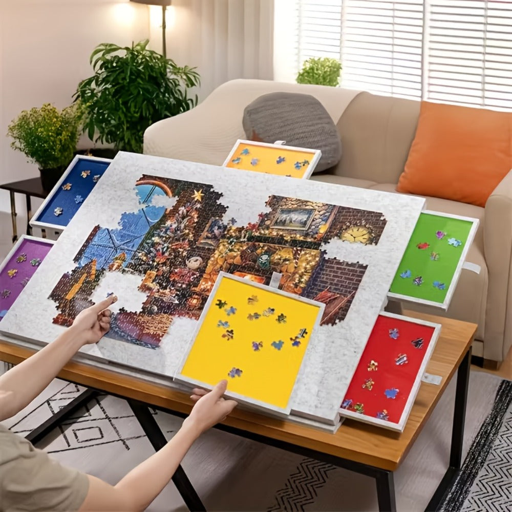 Dark-Gray Tilting Puzzle Board with Six Colored Drawers, Folding Stand and 1000-Piece Label