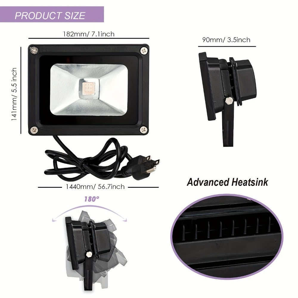 Single Rectangular UV Black-Light Flood Lamp with Adjustable Stand, Black Housing and Corded Lead