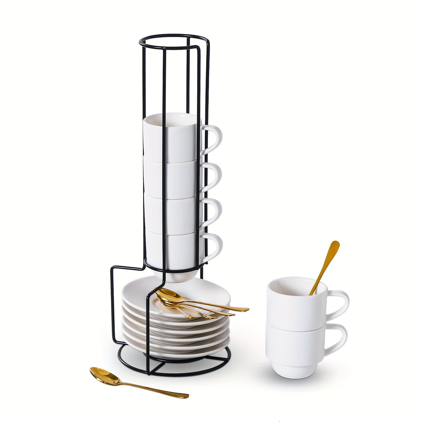Espresso Cups Set of 6 with Saucers, Spoons & Metal Stand, 4oz Stackable Ceramic Cappuccino Mugs for Double Espresso