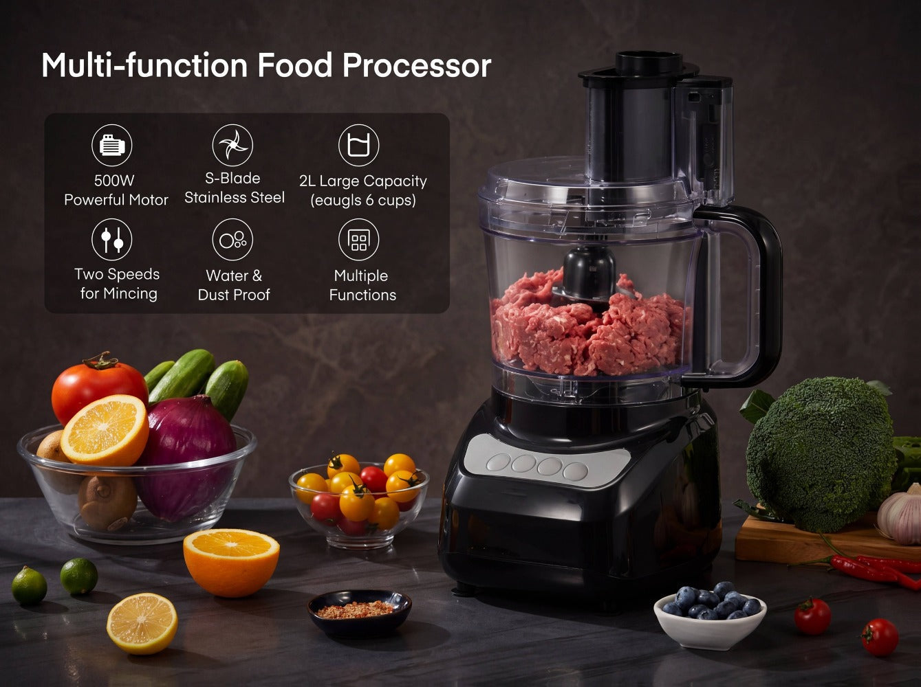 12 Cup Food Processor 6 Functions - Chopping, Slicing, Shredding, Purees & Dough, Large Electric Kitchen Food Processor for Meal Prep