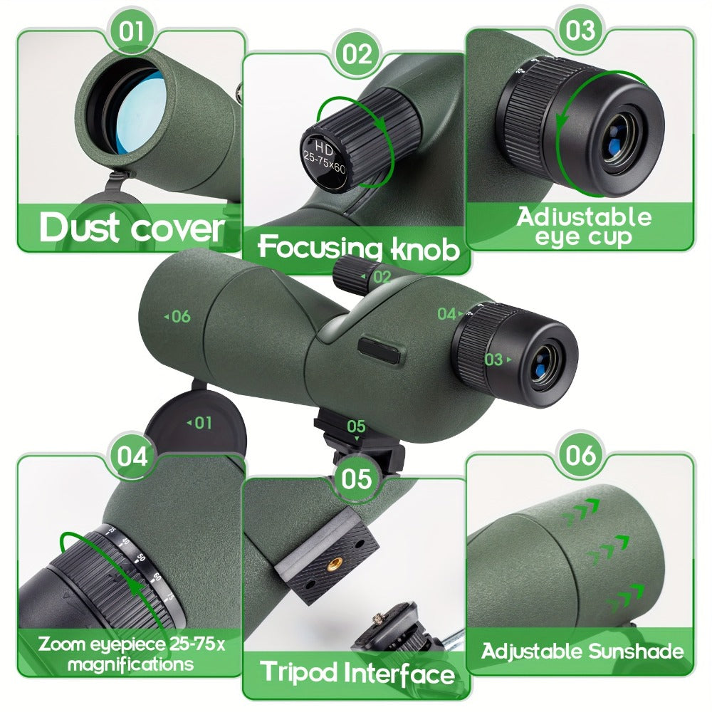 25-75x60 Spotting Scope with Tripod, Carrying Bag & Smartphone Adapter, High-Power Variable Zoom Scope for Target Shooting