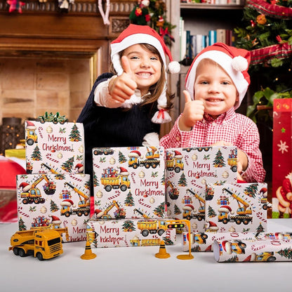Christmas Wrapping Paper Construction Vehicles – Dump Trucks Excavators Tractors Gift Wrap for Boys Girls, 58"x23" Roll (28.5 Sq Ft)
