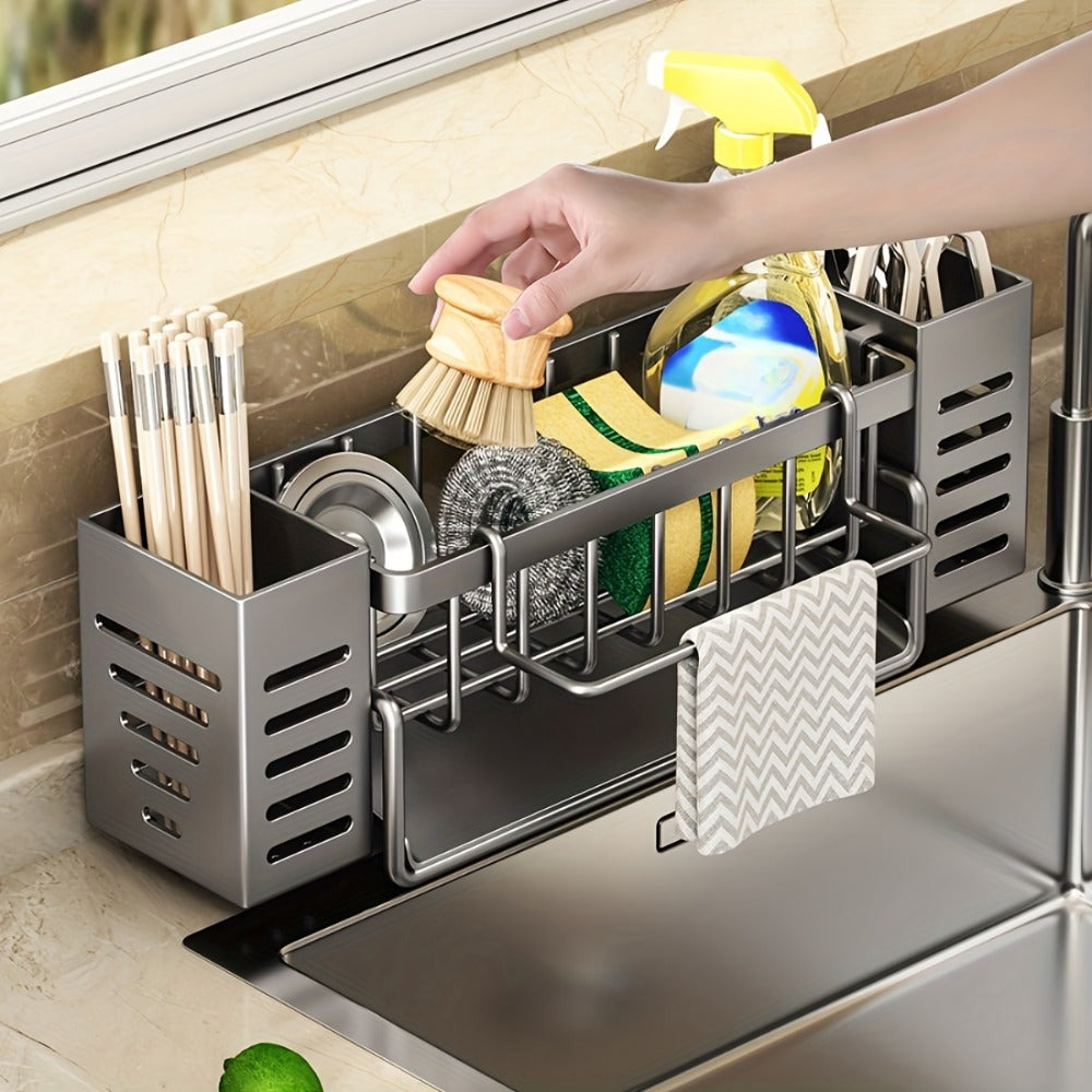 Kitchen Sink Organizer Sponge Holder with Self-Draining Tray Removable Rag Rod Carbon Steel for Home Cooking, Dining and Outdoor Meals