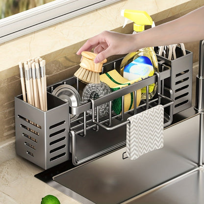 Kitchen Sink Organizer Sponge Holder with Self-Draining Tray Removable Rag Rod Carbon Steel for Home Cooking, Dining and Outdoor Meals
