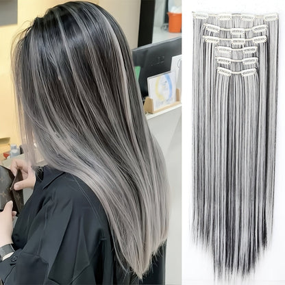 Hair Extensions Straight 24-Inch Synthetic Clip-In Set with Six Wefts in Black or Space Gray