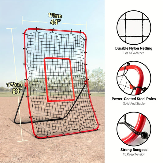 Adjustable Baseball Pitchback Rebounder Net with Red Target, 48 x 68 Inch Frame and Five Angles