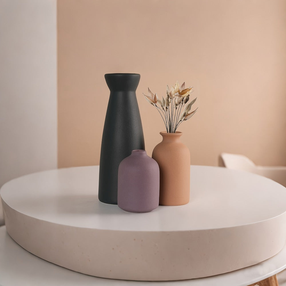 Boho Ceramic Vase Set 3pcs - Matte Nordic Minimalist Geometric Floral Design for Home Decor, Living Room