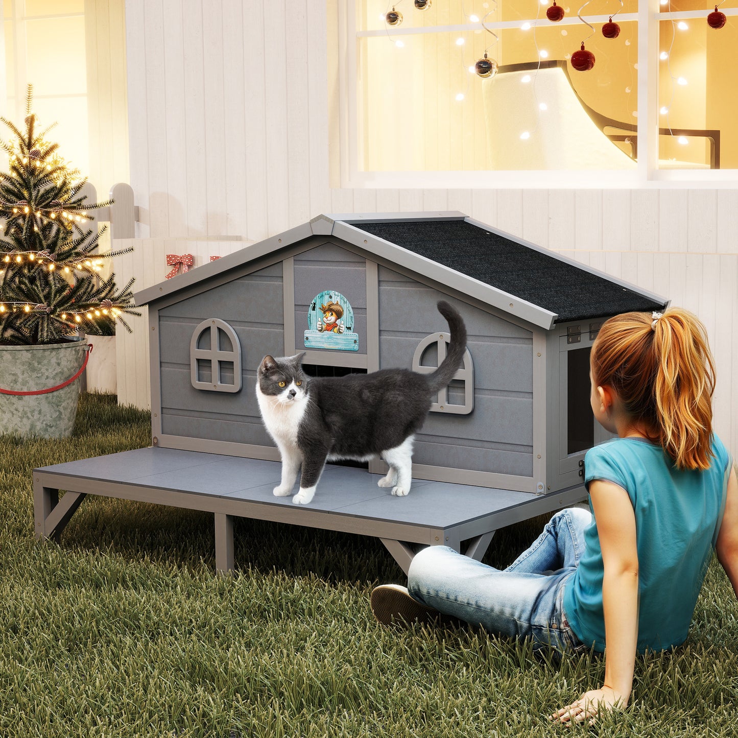 Outdoor Cat House Wooden Weatherproof Feral Cat Shelter with Deck, Elevated Legs & 2 Escape Doors – Large Indoor Outdoor Catio for 1-3 Cats