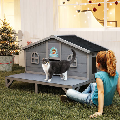 Outdoor Cat House Wooden Weatherproof Feral Cat Shelter with Deck, Elevated Legs & 2 Escape Doors – Large Indoor Outdoor Catio for 1-3 Cats