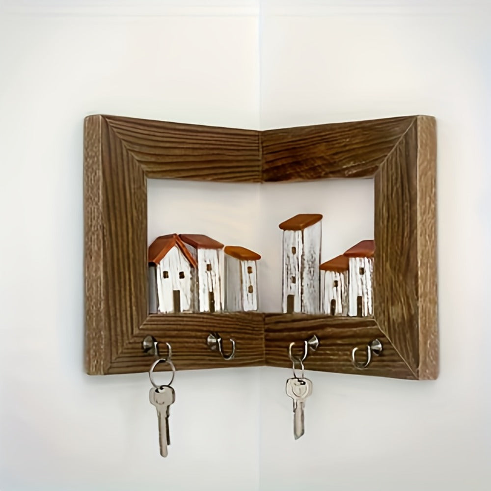 Wall Mounted Key Rack with Hooks – Rustic Wooden Key Holder with 6 House Hooks, Entryway Storage Organizer for Home Bedroom Wall Decor