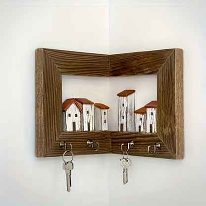Wall Mounted Key Rack with Hooks – Rustic Wooden Key Holder with 6 House Hooks, Entryway Storage Organizer for Home Bedroom Wall Decor