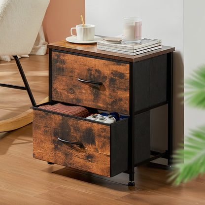 Nightstand with 2 Storage Drawers, 20" Bedside Table with Wooden Top & Fabric Cabinet, Steel Frame Mini Dresser for Bedroom