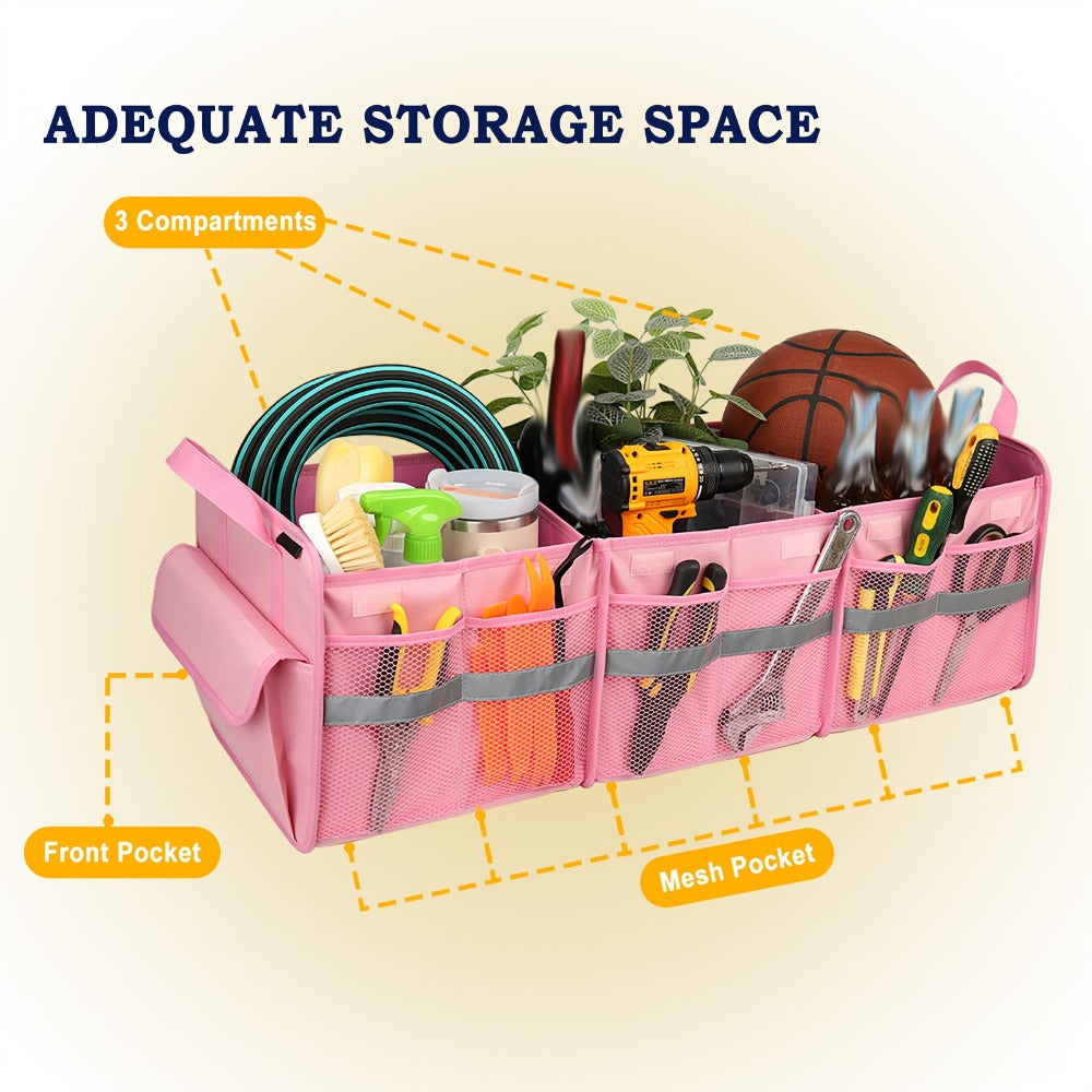 Car Trunk Organizer, 67L Foldable Multi-Compartment Bin with Carry Handles and Pink or Black Color Options