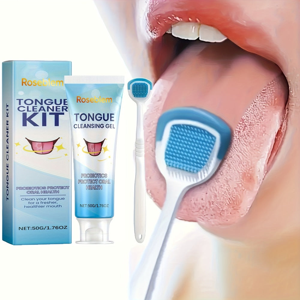 Tongue Cleaner Kit with Probiotic Cleansing Gel & Tongue Brush, Bad Breath Eliminator Fresh Mouth Daily Oral