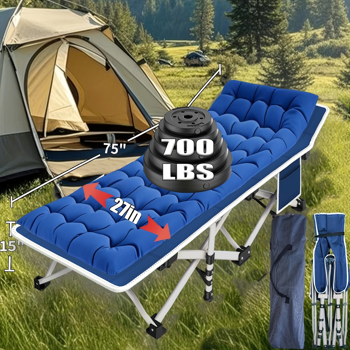 XXL Folding Camping Cot with Mattress – Extra Wide 27" & 32" Heavy Duty Sleeping Cot for Adults, 1200D Oxford Portable Camp Bed with Carry