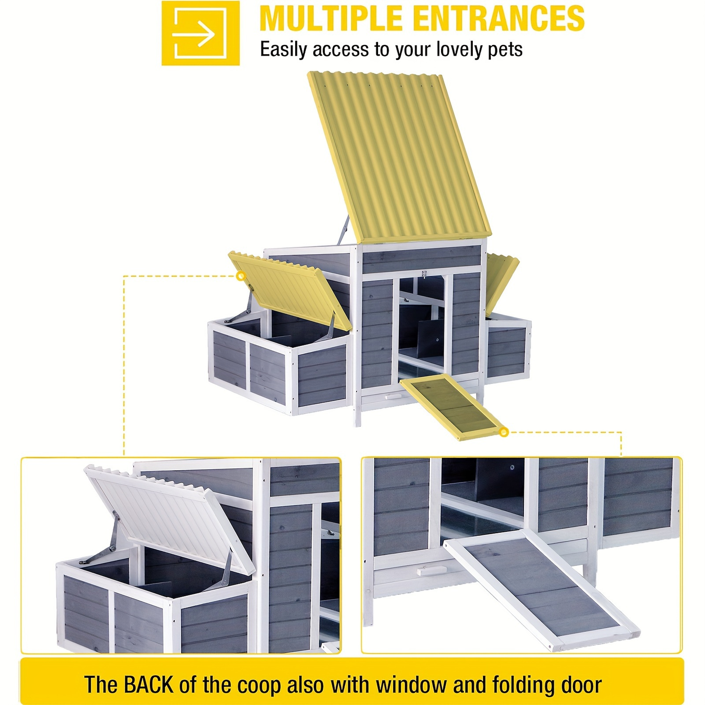 Wooden Chicken Coop with 2 Large Nesting Boxes for 4-6 Chickens, 59" Outdoor Hen House with PVC Roof