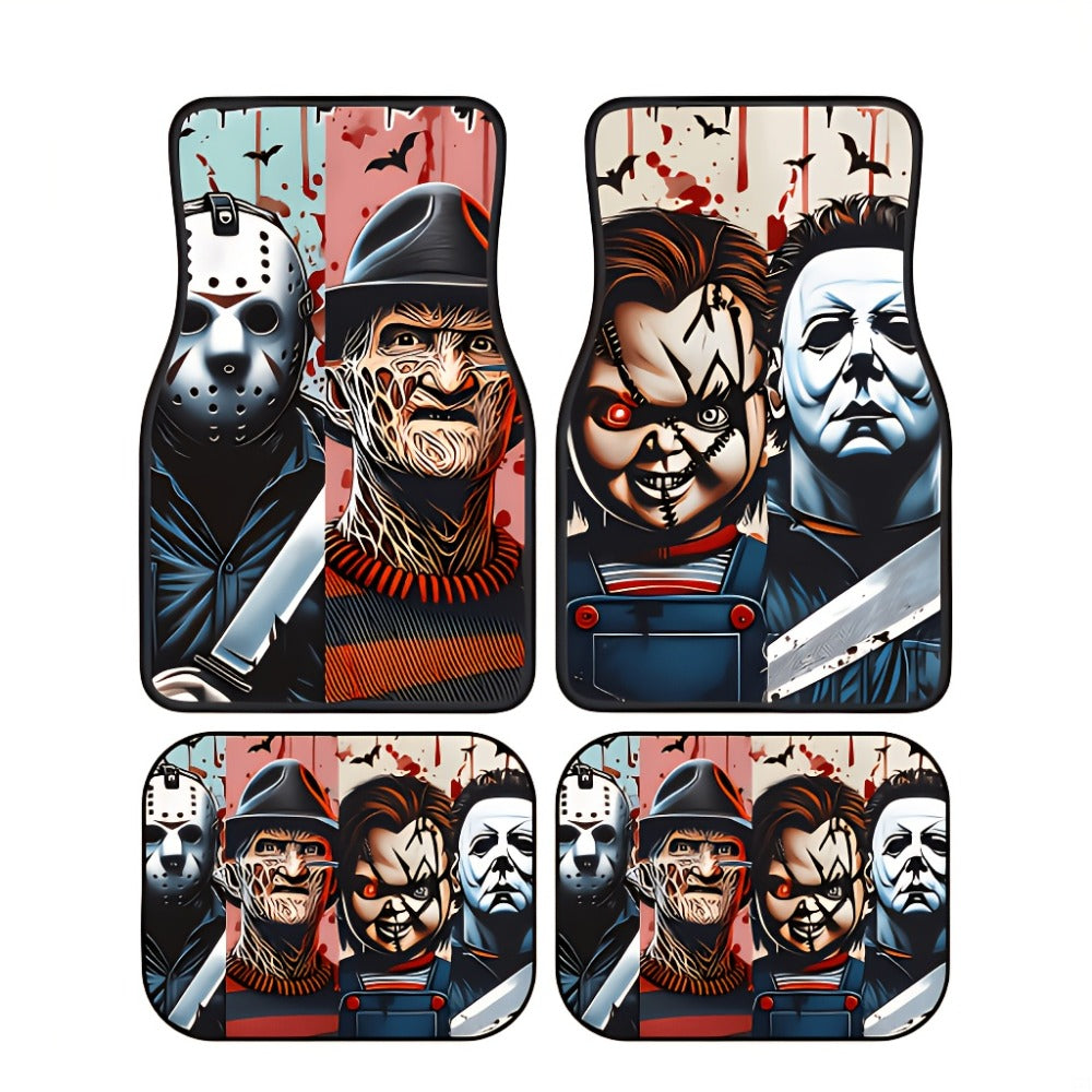 Halloween Character Car Floor Mats, Four-Piece Black Printed Set with Two Front and Two Rear Mats