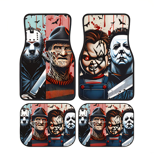 Halloween Character Car Floor Mats, Four-Piece Black Printed Set with Two Front and Two Rear Mats