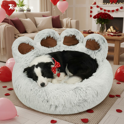 Dog Bed Cat Bed Bear Paw Shaped Donut – Calming Round Plush Pet Mattress, Warm & Soft Cuddler Bed for Dogs and Cats, Includes Pet Scarf