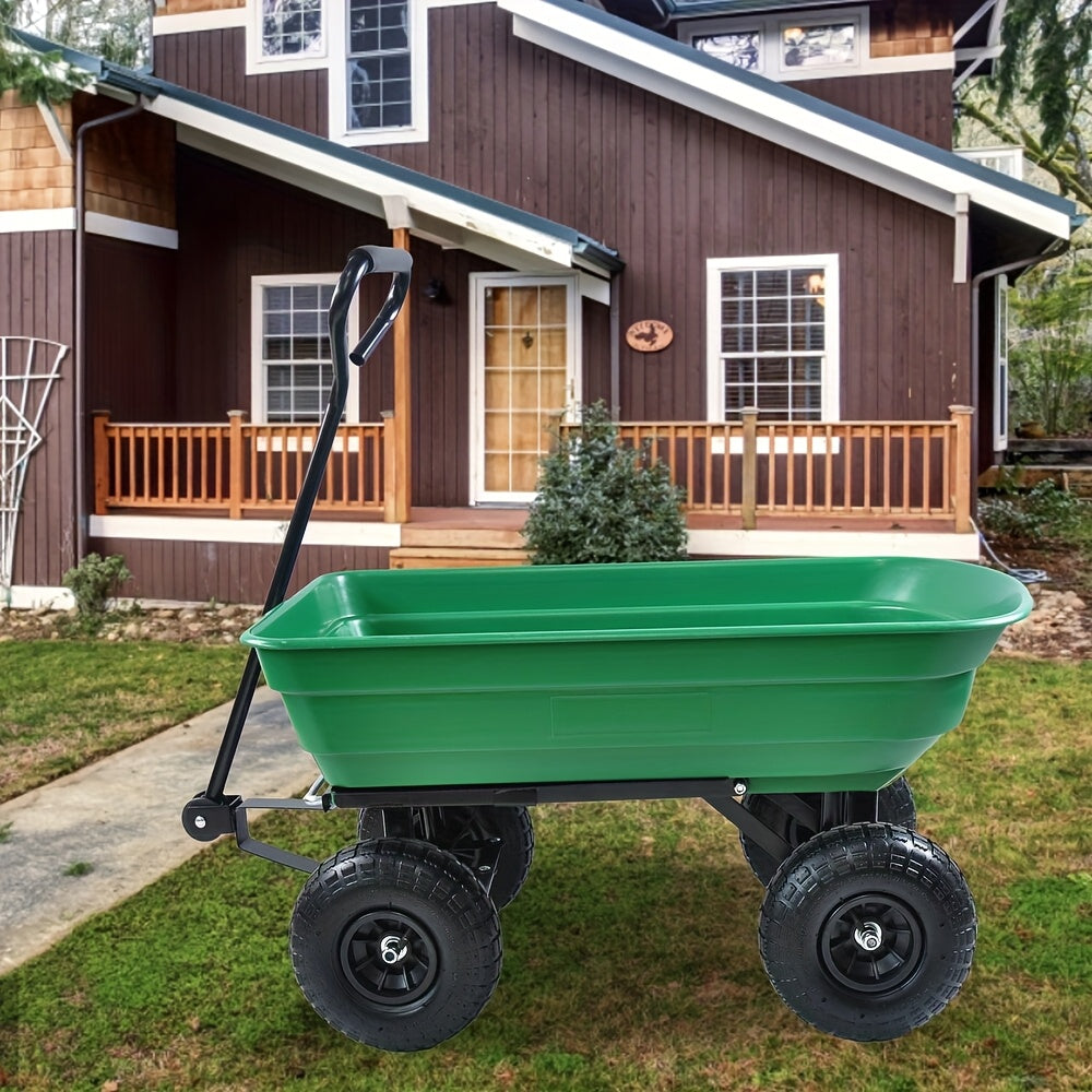 Garden Cart Steel Yard Wagon Dump Cart with 10 Inch Pneumatic Tires Utility Cart for Lawn Farm Gardening Green