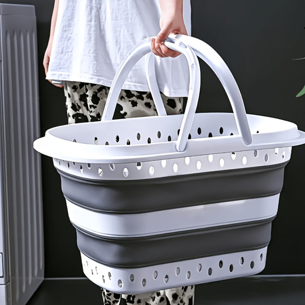 16-Gallon Collapsible Plastic Laundry Basket in Gray and White with Folding Walls and Carry Handles