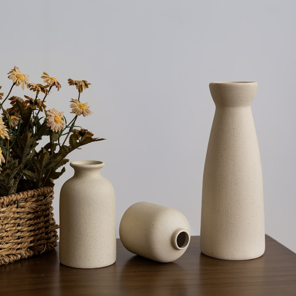 Boho Ceramic Vase Set 3pcs - Matte Nordic Minimalist Geometric Floral Design for Home Decor, Living Room