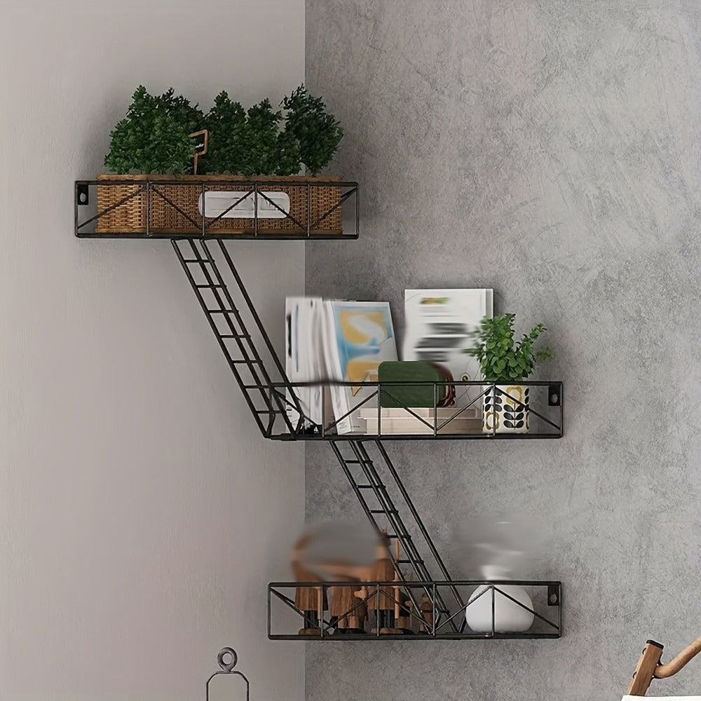 Staircase Wall Shelf with Three- or Four-Level Structures across Four Wrought-Iron Checkout Options