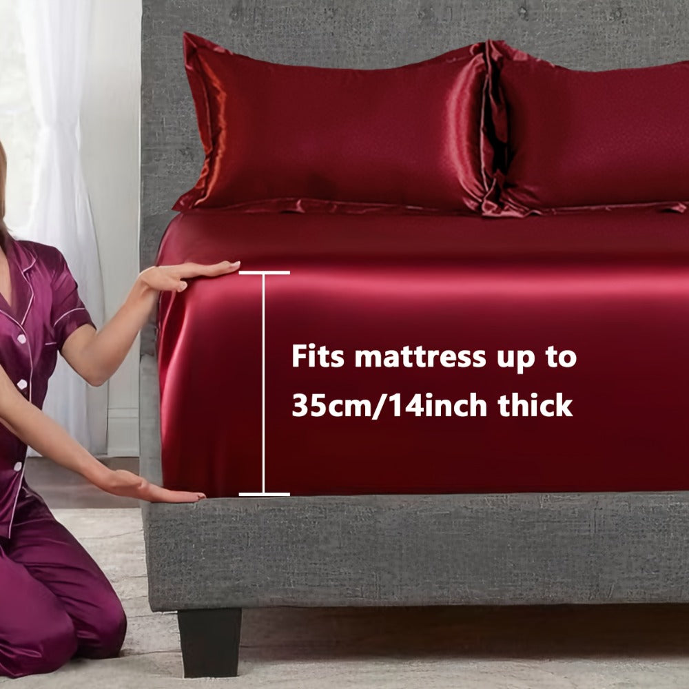 Satin Fitted Sheet Set with Pillowcases – Cooling Smooth Breathable Wrinkle-Resistant Bed Sheets, Machine Washable Ultra Soft for Hot