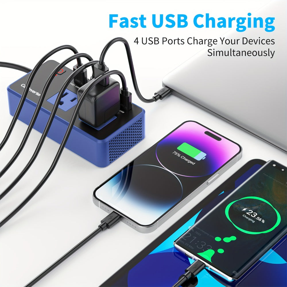 200W Car Power Inverter DC 12V to 110V AC Outlet + USB-C & USB-A 4.8A 24W, Car Plug Adapter Converter for Laptop Camping Travel Road Trip