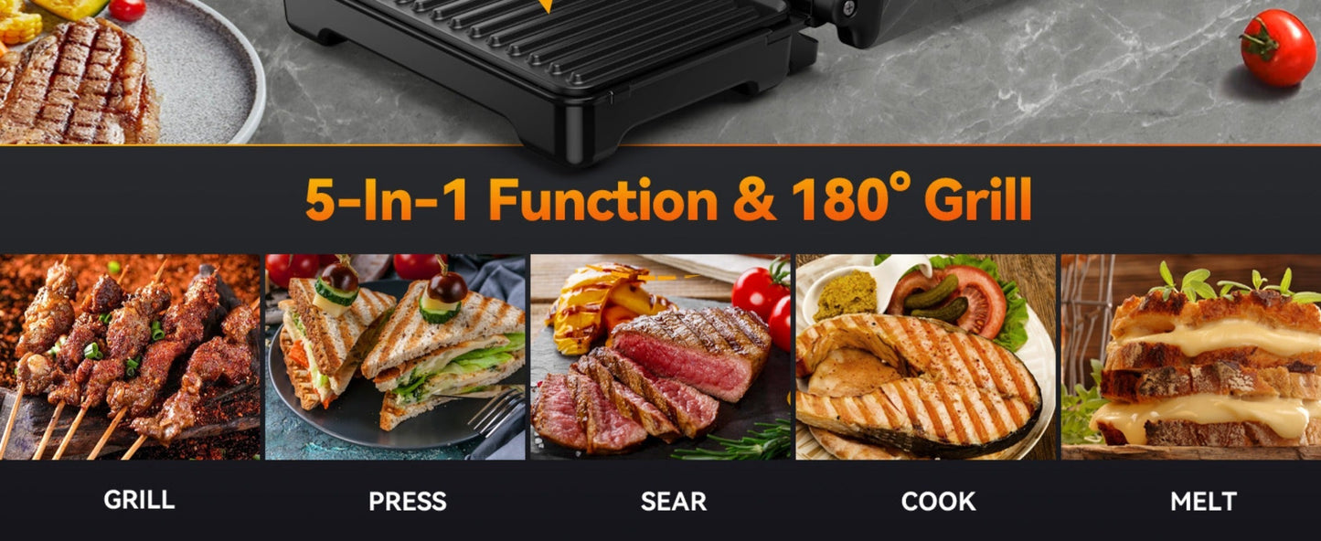Panini Press Sandwich Maker 1200W, Non-Stick Cast Aluminum Grill with 180-Degree Opening, 2-Slice Panini Maker with Indicator Lights