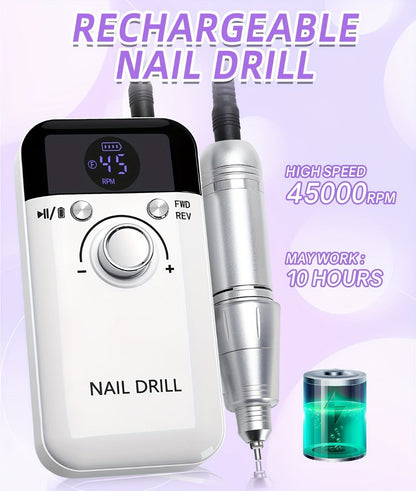 Electric Nail Drill 45000 RPM Rechargeable Kit with LCD Display and V6 Pink or White Options