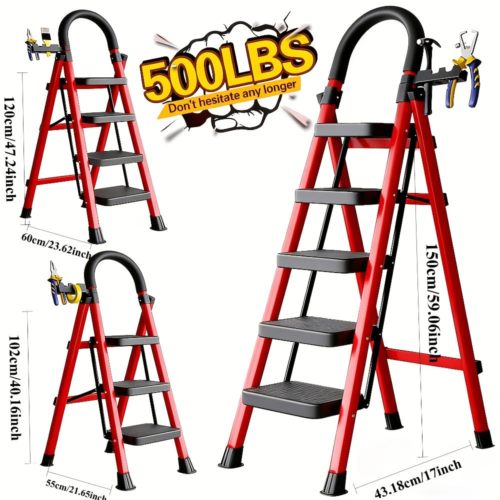 Folding Step Stool Ladder Steel with Anti-Slip Wide Treads & Handrails, Safety Lock, Portable Multi-Step Ladder for Home